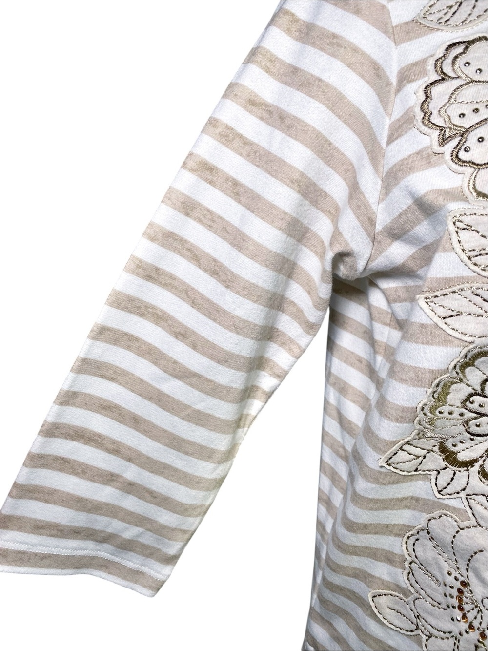 Alfred Dunner Top Size S Tan White Striped Floral Embellished 3/4 Sleeve - Picture 6 of 13